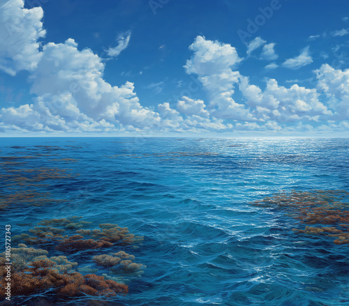 Breathtaking ocean vista with fluffy clouds meeting turquoise waters, shimmering sunlight on gentle waves creates a serene, calming coastal atmosphere