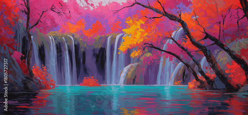 Stunning waterfall landscape with colorful foliage evokes peace and serenity, perfect for adding a touch of nature's beauty to any project