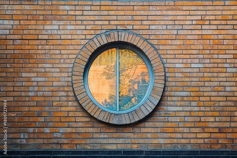 Obraz premium Circular porthole window set in warm orange brick wall reflecting trees and golden sunset light, centered serene urban facade