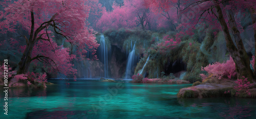 Experience the serene beauty of pink blossoms cascading around tranquil waterfalls, a dreamy nature escape for mindful moments and idyllic landscapes