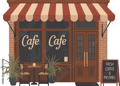 Quaint cafe storefront vector with outdoor seating, potted plants, and a welcoming striped awning