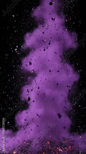 Purple Smoke Explosion With Debris And Sparks On Black Background