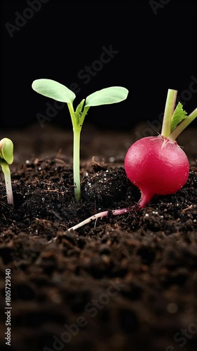 Radish Growth Stages Sprouting from Dark Soil