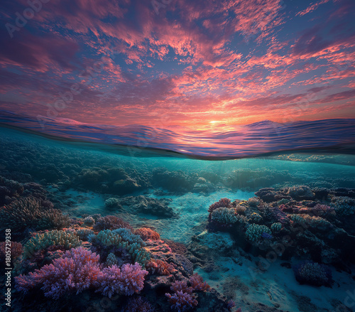 Breathtaking coral reef sunset with vibrant colors and tranquil ocean views, perfect for travel and nature inspiration, promoting peace and adventure