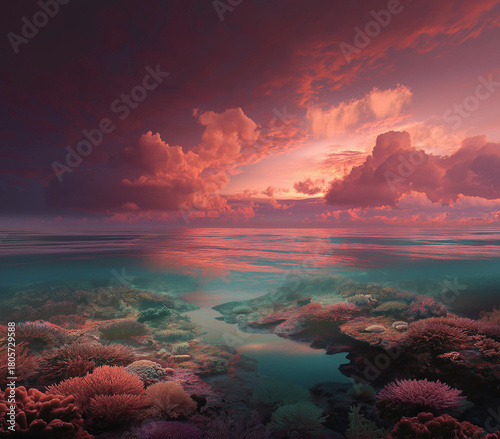 Underwater coral reef glows beneath a dramatic sunset sky creating an ethereal, peaceful scene ideal for travel, nature, and relaxation themes