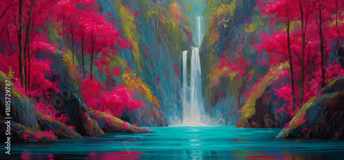 Enchanting waterfall flows into calm turquoise water, framed by vibrant pink trees and textured cliffs, creating a serene and magical landscape