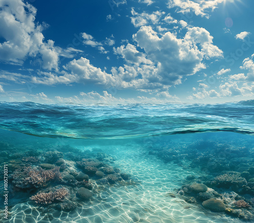 Breathtaking underwater view showcasing vibrant coral reefs beneath clear turquoise ocean waters under a bright blue sky with fluffy white clouds