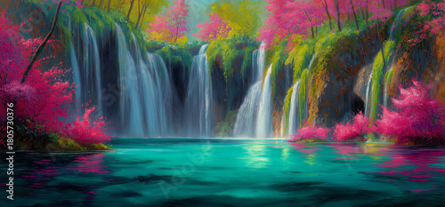 Discover a serene waterfall flowing into a crystal clear pool, surrounded by vibrant pink blossoms creating a peaceful, tranquil, and idyllic escape