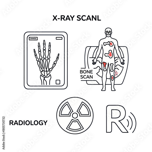 A collection of medical radiology icons including an X-ray, bone scan, and radiation symbol.