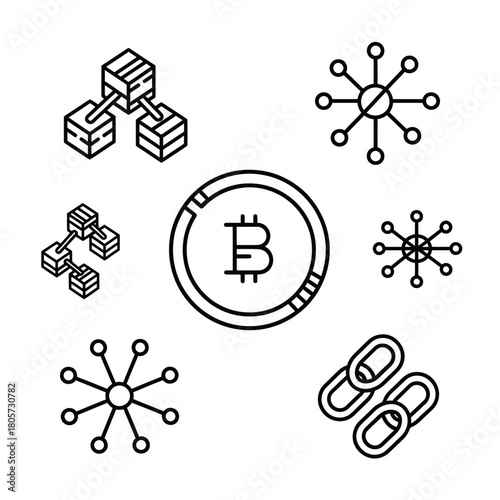 A set of black outline icons representing Bitcoin, blockchain, and decentralized network technology.