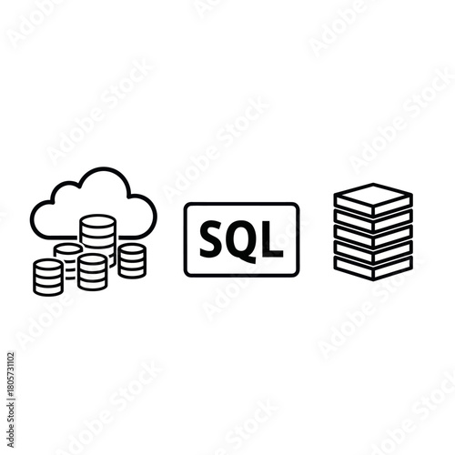 Conceptual line art icons representing SQL for managing cloud data and database servers.