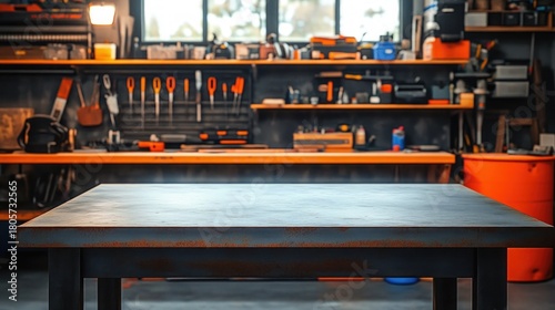 empty metal workbench in organized workshop with pegboard of hand tools, shelves of power tools and storage bins, warm lighting conveying a focused industrious mood