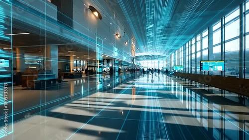 Futuristic airport terminal showcasing digital enhancements, busy travelers, and modern architecture