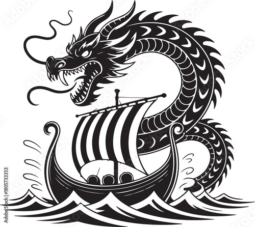 A black dragon encircles a Viking ship sailing the sea on white background