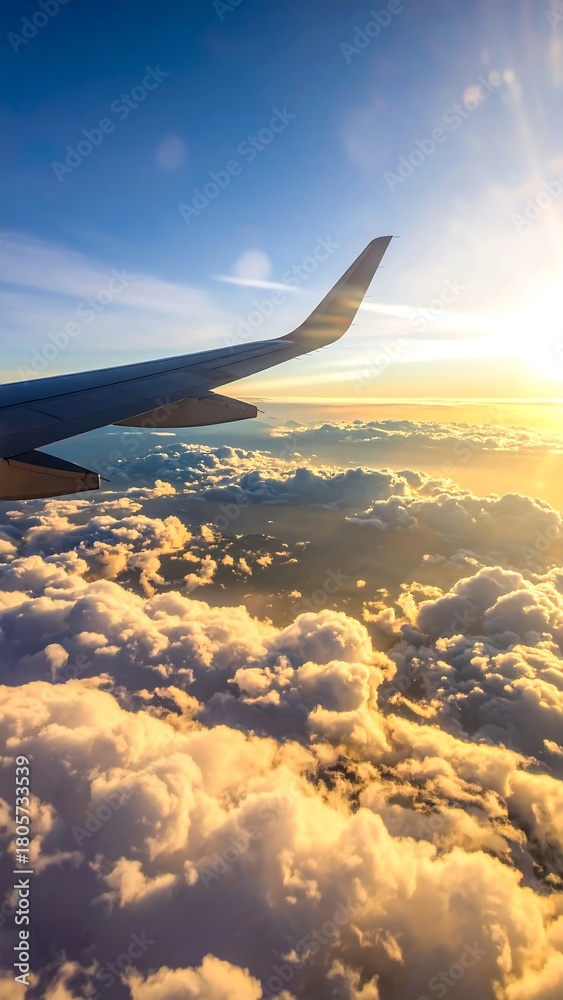 Fototapeta premium View from an airplane window, showing wing and fluffy clouds