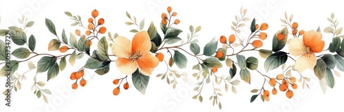 delicate watercolor garland of orange blossoms, clusters of orange berries and green leaves on twining stems evoking calm elegance