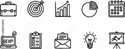 A comprehensive set of linear business icons representing concepts such as strategic planning, data analysis, marketing, and creative solutions for web design
