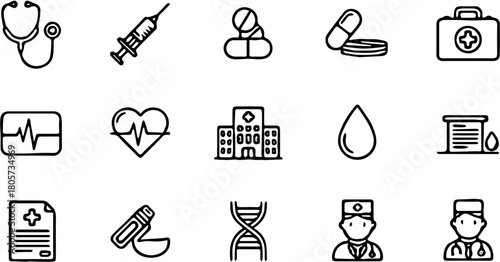 A comprehensive set of medical line icons representing healthcare services, diagnostics, and treatment concepts for digital design