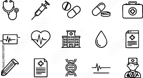 A comprehensive set of thin line icons representing various medical and healthcare concepts for web and mobile applications