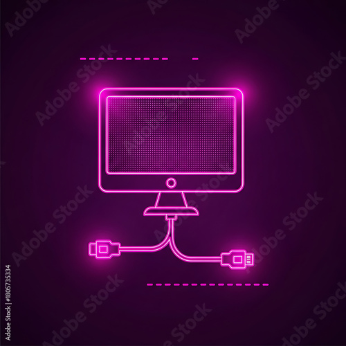 Computer Monitor with Cables Neon Icon, cyber monday, cyber monday shoping,