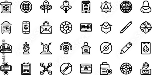 A collection of modern thin line icons representing technology, business, and communication concepts for web and app design