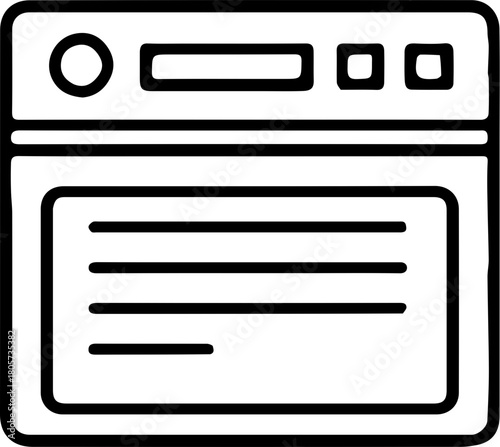 A minimalist black and white line art illustration of a kitchen oven, a hand-drawn doodle icon perfect for cooking and baking concepts