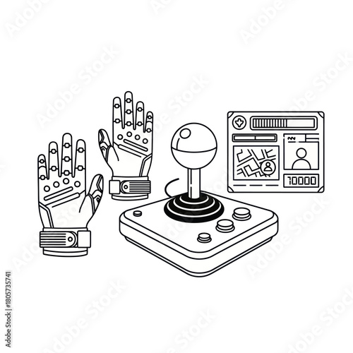 A set of virtual reality gaming peripherals including haptic gloves, an arcade joystick, and a HUD screen.