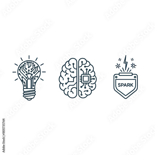 Creative technology icons set with circuit lightbulb, AI brain, and electric spark shield.
