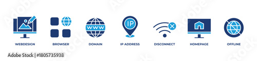 Web Experience Icons set vector illustration blue with Webdesign, Browser, Domain, Ip address, Disconnect, Homepage, Offline