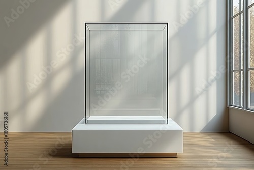 Empty glass display case on white pedestal in a sunlit minimalist gallery with wooden floor and large windows, calm contemplative atmosphere