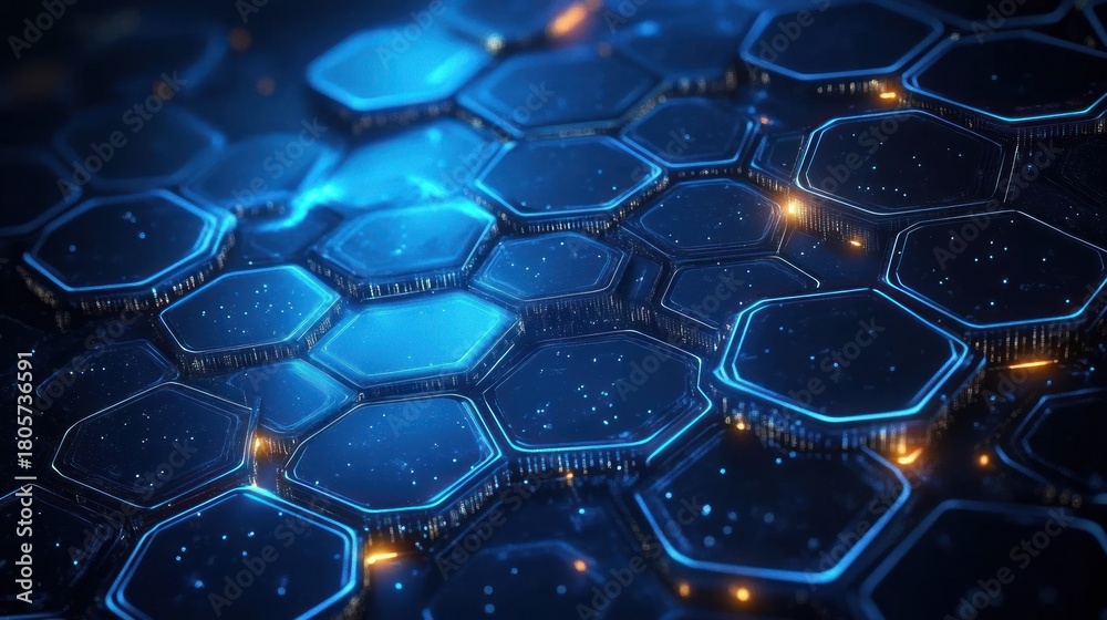 Obraz premium Futuristic glowing blue hexagonal tile grid with metallic edges, tiny floating particles and warm orange indicator lights, evoking a sleek, mysterious high-tech atmosphere