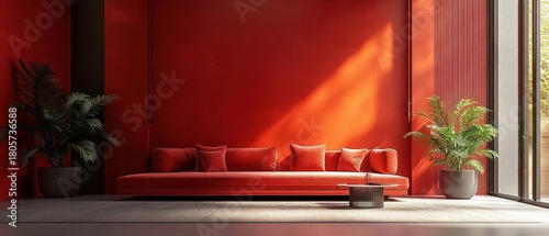 sunlit minimalist red living room with long low sofa and cushions, round coffee table, two large potted green plants, floor-to-ceiling window and warm tranquil atmosphere