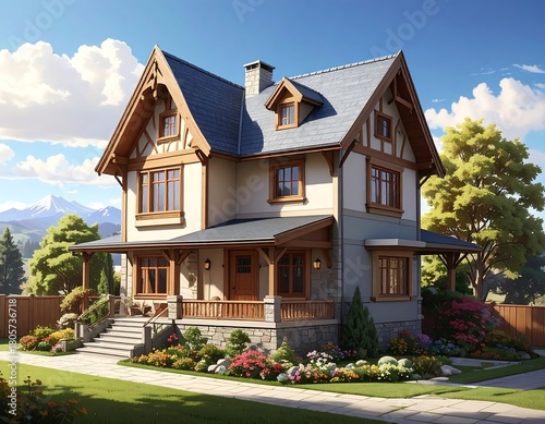 A charming, two-story residence with a gabled roof, nestled amidst lush greenery and a mountain backdrop