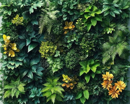dense lush vertical living wall of mixed leafy plants, ferns, and yellow succulents conveying a calm, refreshing, tranquil mood