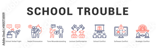 School Trouble Modern and clean web banner illustration featuring thematic icons for visual communication