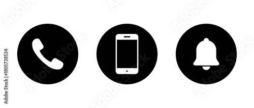 Call, smartphone and notification icon in black circle. Phone, cellphone, and bell symbol