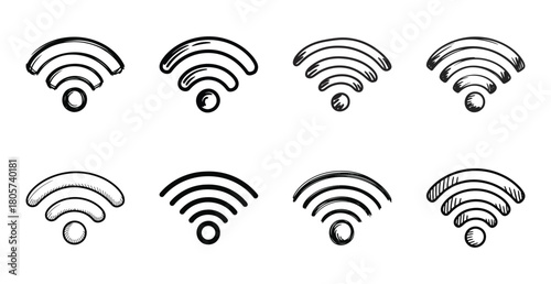 Hand drawn wifi icons set representing wireless connection concept