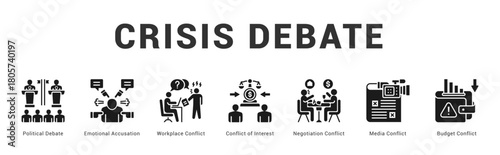 Crisis Debate Modern and clean web banner illustration featuring thematic icons for visual communication