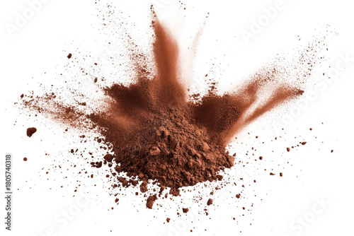A dynamic splash of cocoa powder exploding against a white background. capturing the essence of baking and culinary creativity. ideal for food-related projects or advertisements