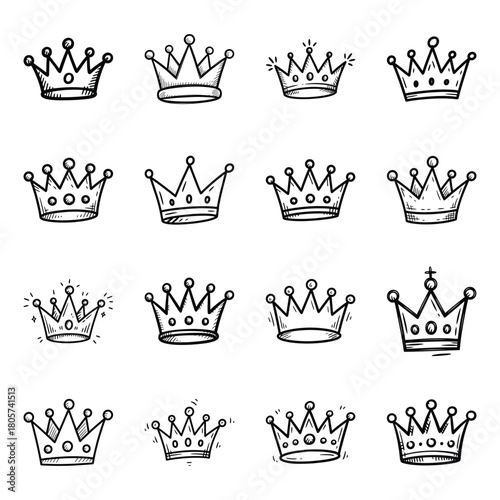 Set of hand drawn doodle crowns, royal power and success icons.