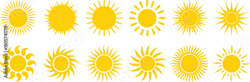 Sun icon set. Yellow sun star icons collection. Summer, sunlight, nature, sky. Vector illustration isolated on white background.