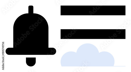 Black bell, two black horizontal lines, and light blue cloud. Ideal for notification, simplicity, interface design, organization, reminders minimalism communication. Represents a simple flat