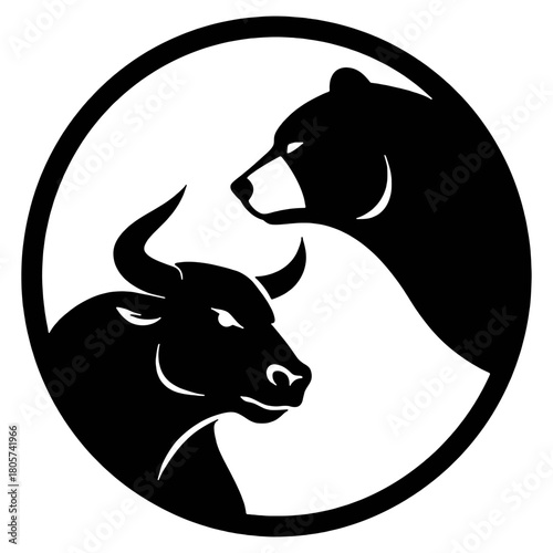 Minimalist black-and-white bull and bear illustration representing market trends, ideal for finance content about investing, stock trading, volatility, and economic direction