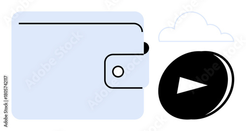 Wallet with button clasp next to play icon beneath a cloud. Ideal for finance, technology, cloud storage, streaming, multimedia, innovation, fintech. A simple flat metaphor