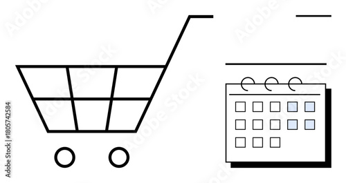Black shopping cart next to a calendar with marked dates. Ideal for commerce, planning, scheduling, organization, retail, reminders, time management. Simple flat metaphor