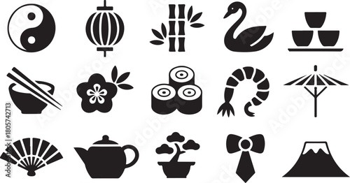Various black iconic East Asian cultural symbol silhouettes fill a white background completely