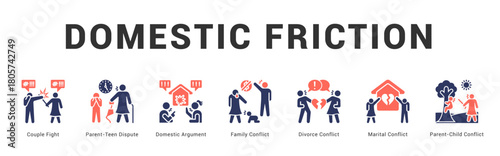 Domestic Friction Modern and clean web banner illustration featuring thematic icons for visual communication