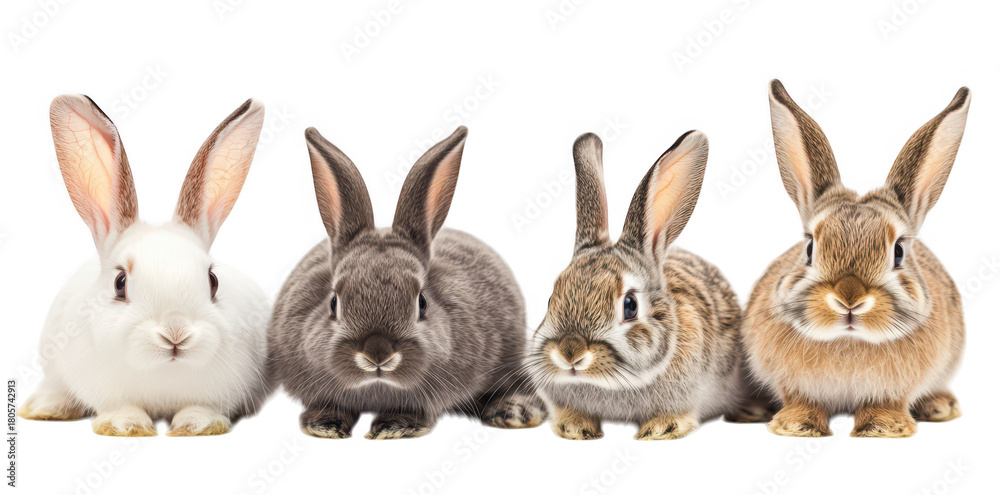 Fototapeta premium A group of four adorable rabbits of varying colors and breeds sitting closely together. their unique features and playful expressions against a clean white background. ideal for pet-related content