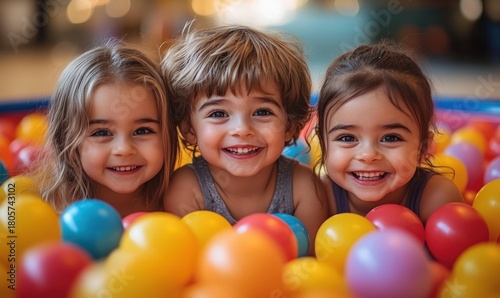 Three children playing joyfully in a colorful ball pit surrounded by bright plastic balls in an indoor play area