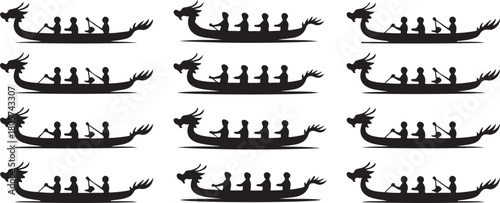 Dragon boat races feature silhouetted teams paddling synchronously across the transparent backdrop vividly